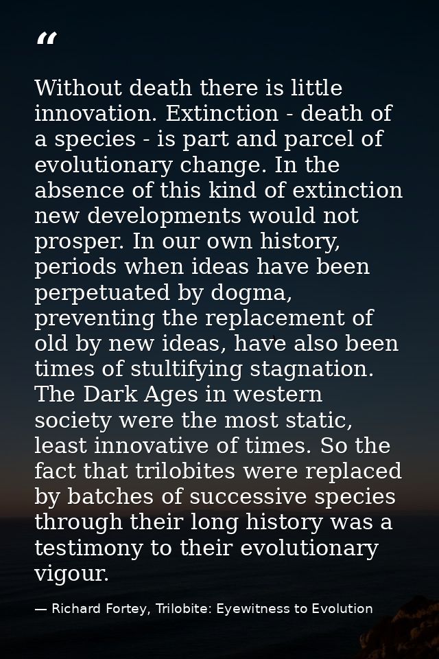 Without death there is little innovation. Extinction - death of a species - is part and parcel of evolutionary change. I — Richard Fortey, Trilobite: Eyewitness to Evolution