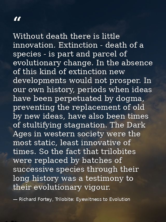 Without death there is little innovation. Extinction - death of a species - is part and parcel of evolutionary change. I — Richard Fortey, Trilobite: Eyewitness to Evolution