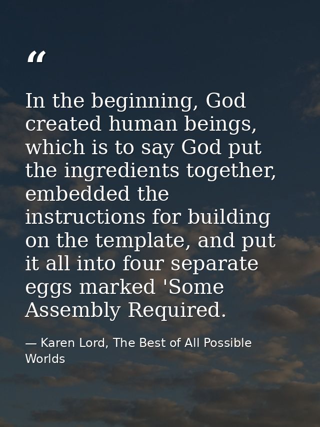 In the beginning, God created human beings, which is to say God put the ingredients together, embedded the instructions  — Karen Lord, The Best of All Possible Worlds