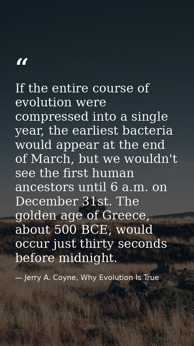 If the entire course of evolution were compressed into a single year, the earliest bacteria would appear at the end of M — Jerry A. Coyne, Why Evolution Is True