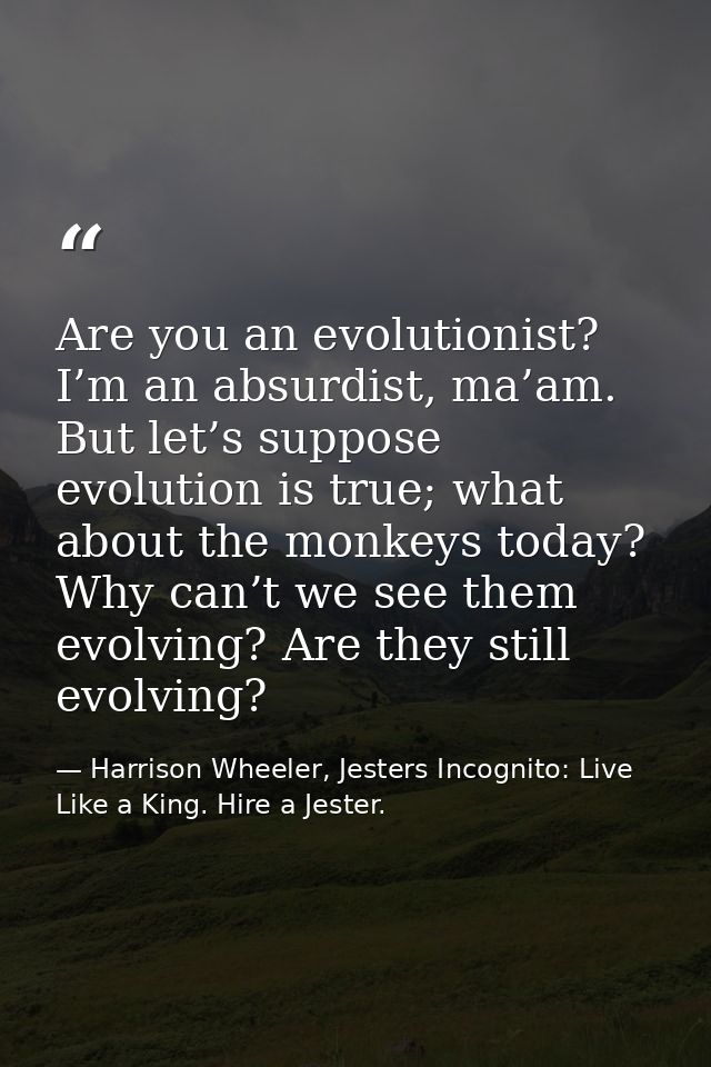 Are you an evolutionist? I’m an absurdist, ma’am. But let’s suppose evolution is true; what about the monkeys today? Why — Harrison Wheeler, Jesters Incognito: Live Like a King. Hire a Jester.