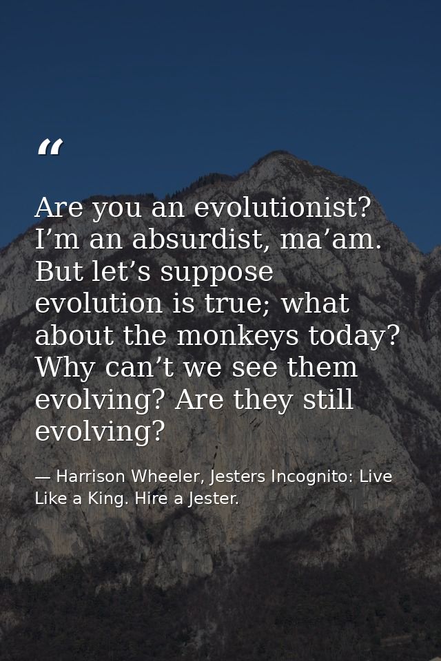 Are you an evolutionist? I’m an absurdist, ma’am. But let’s suppose evolution is true; what about the monkeys today? Why — Harrison Wheeler, Jesters Incognito: Live Like a King. Hire a Jester.