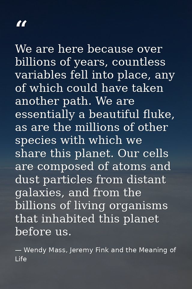 We are here because over billions of years, countless variables fell into place, any of which could have taken another p — Wendy Mass, Jeremy Fink and the Meaning of Life
