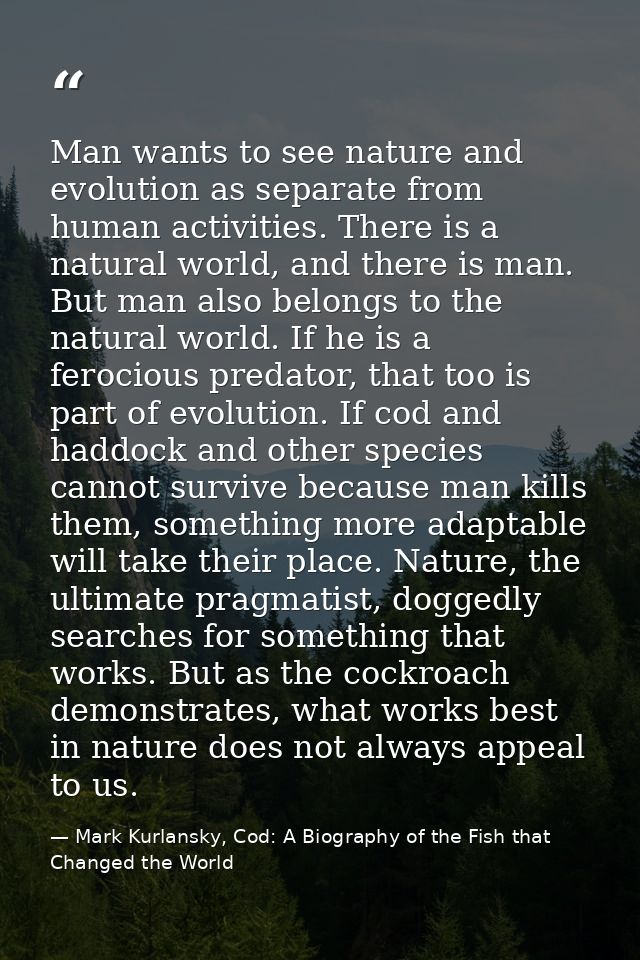 Man wants to see nature and evolution as separate from human activities. There is a natural world, and there is man. But — Mark Kurlansky, Cod: A Biography of the Fish that Changed the World