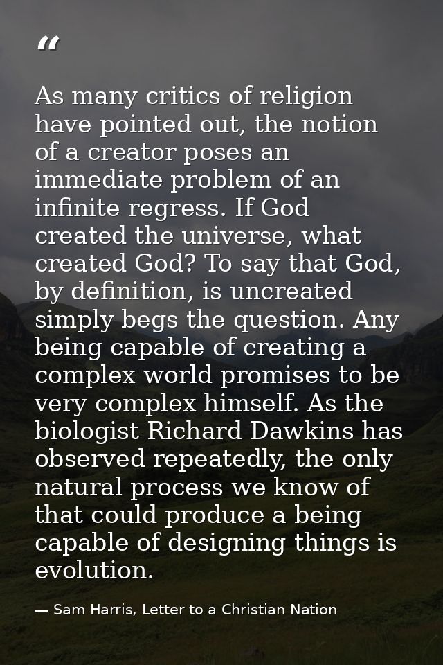 As many critics of religion have pointed out, the notion of a creator poses an immediate problem of an infinite regress. — Sam Harris, Letter to a Christian Nation