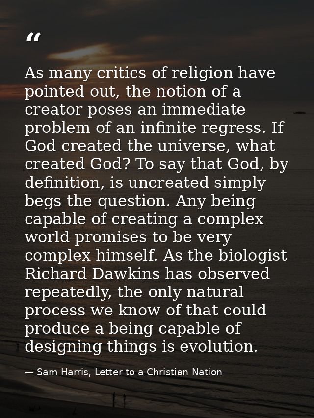 As many critics of religion have pointed out, the notion of a creator poses an immediate problem of an infinite regress. — Sam Harris, Letter to a Christian Nation