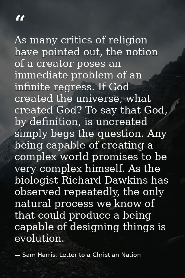 As many critics of religion have pointed out, the notion of a creator poses an immediate problem of an infinite regress. — Sam Harris, Letter to a Christian Nation