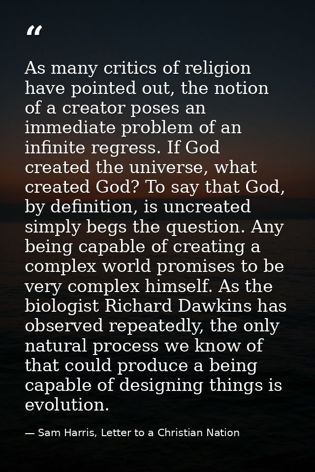 As many critics of religion have pointed out, the notion of a creator poses an immediate problem of an infinite regress. — Sam Harris, Letter to a Christian Nation