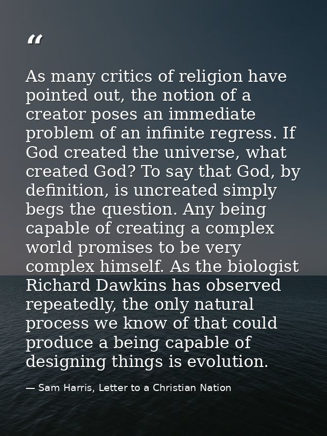 As many critics of religion have pointed out, the notion of a creator poses an immediate problem of an infinite regress. — Sam Harris, Letter to a Christian Nation