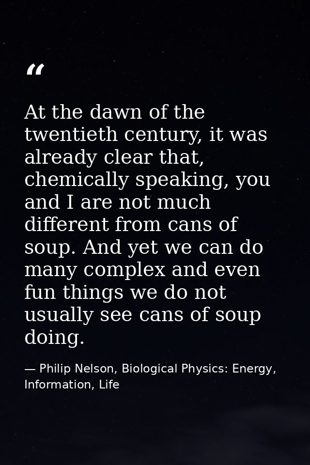 At the dawn of the twentieth century, it was already clear that, chemically speaking, you and I are not much different f — Philip Nelson, Biological Physics: Energy, Information, Life