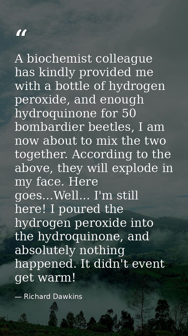 A biochemist colleague has kindly provided me with a bottle of hydrogen peroxide, and enough hydroquinone for 50 bombard — Richard Dawkins
