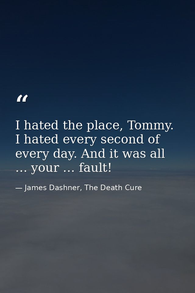 I hated the place, Tommy. I hated every second of every day. And it was all … your … fault! — James Dashner, The Death Cure