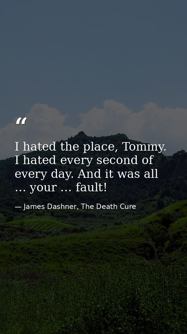 I hated the place, Tommy. I hated every second of every day. And it was all … your … fault! — James Dashner, The Death Cure