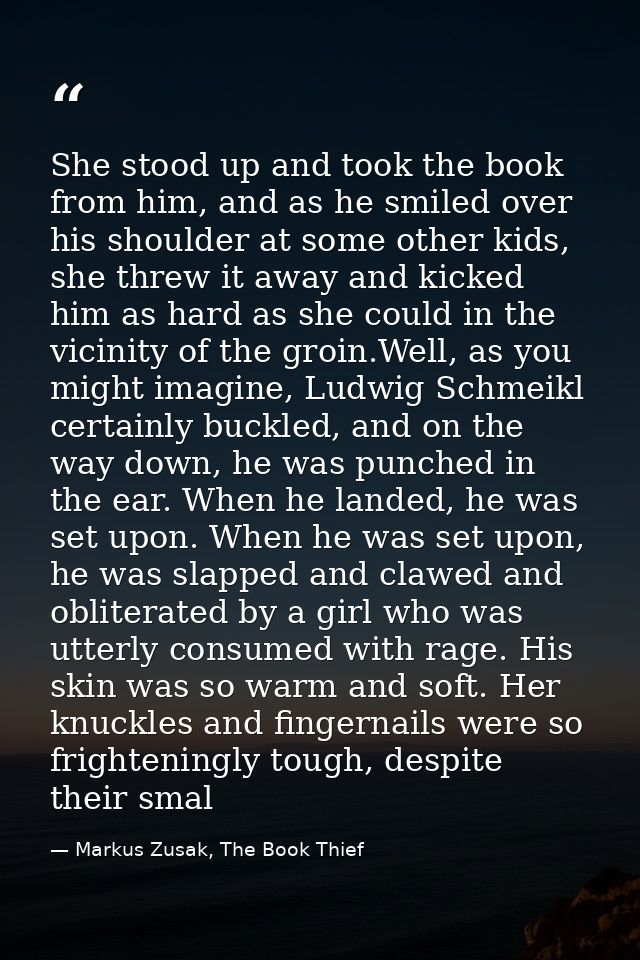 She stood up and took the book from him, and as he smiled over his shoulder at some other kids, she threw it away and ki — Markus Zusak, The Book Thief