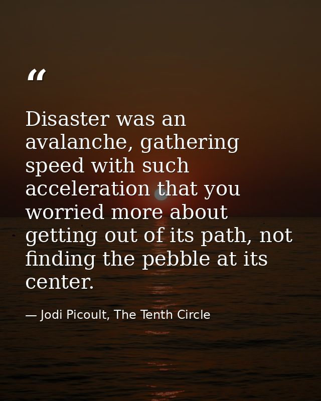 Disaster was an avalanche, gathering speed with such acceleration that you worried more about getting out of its path, n — Jodi Picoult, The Tenth Circle