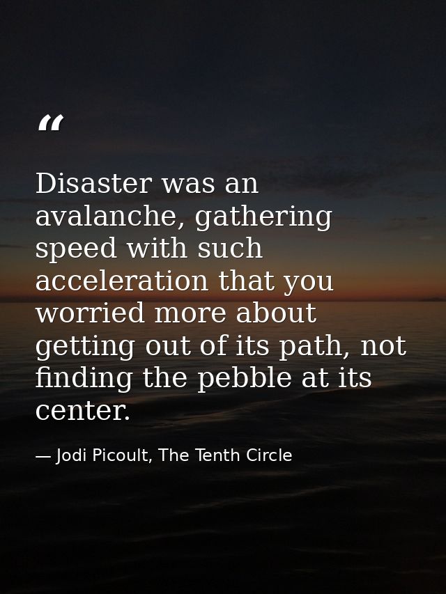 Disaster was an avalanche, gathering speed with such acceleration that you worried more about getting out of its path, n — Jodi Picoult, The Tenth Circle