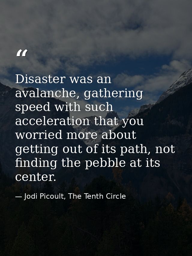 Disaster was an avalanche, gathering speed with such acceleration that you worried more about getting out of its path, n — Jodi Picoult, The Tenth Circle