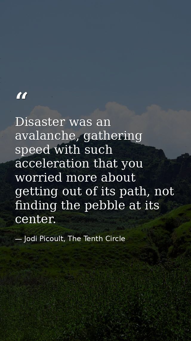 Disaster was an avalanche, gathering speed with such acceleration that you worried more about getting out of its path, n — Jodi Picoult, The Tenth Circle