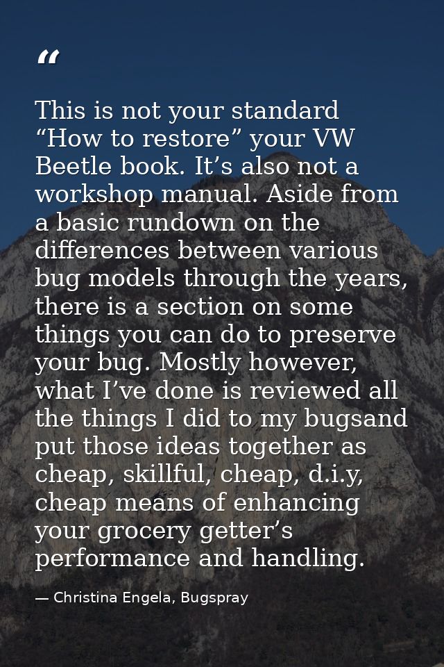 This is not your standard “How to restore” your VW Beetle book. It’s also not a workshop manual. Aside from a basic rund — Christina Engela, Bugspray