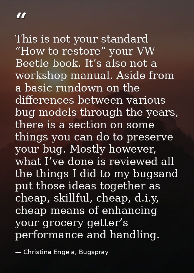 This is not your standard “How to restore” your VW Beetle book. It’s also not a workshop manual. Aside from a basic rund — Christina Engela, Bugspray