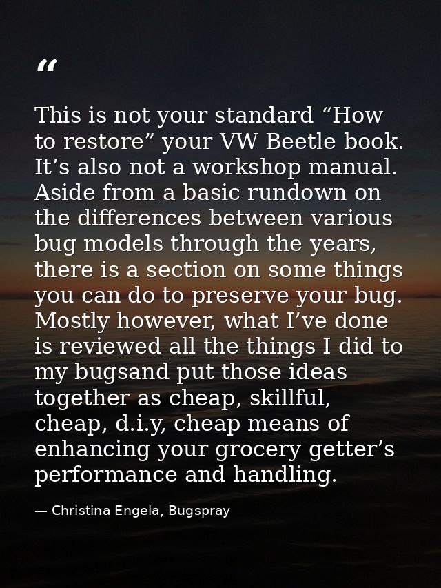 This is not your standard “How to restore” your VW Beetle book. It’s also not a workshop manual. Aside from a basic rund — Christina Engela, Bugspray