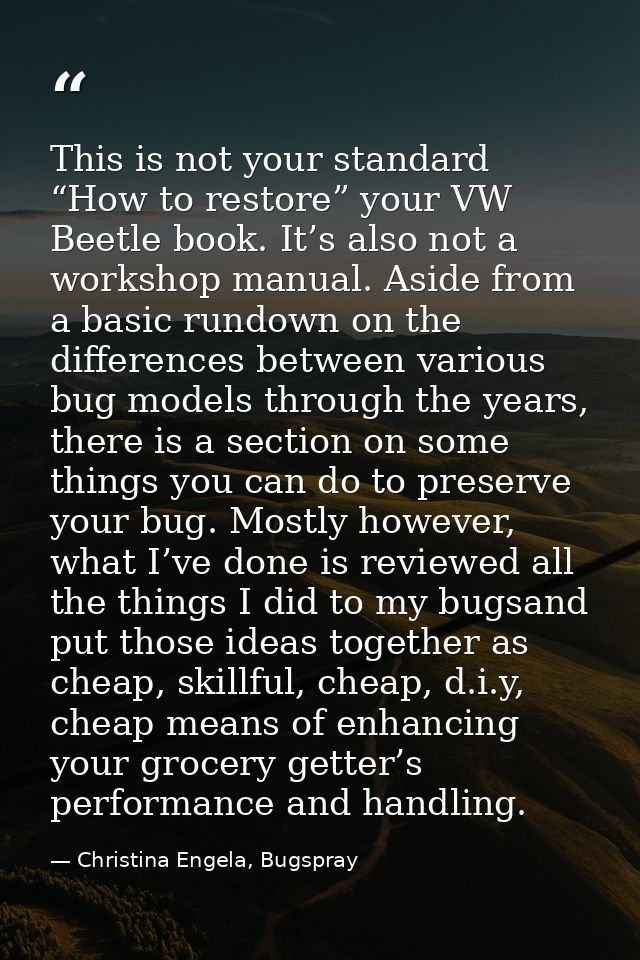 This is not your standard “How to restore” your VW Beetle book. It’s also not a workshop manual. Aside from a basic rund — Christina Engela, Bugspray