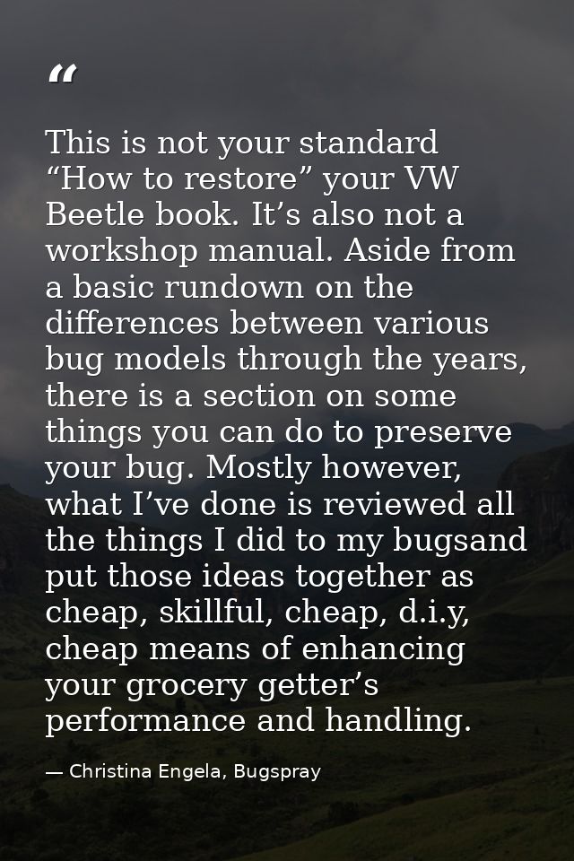This is not your standard “How to restore” your VW Beetle book. It’s also not a workshop manual. Aside from a basic rund — Christina Engela, Bugspray
