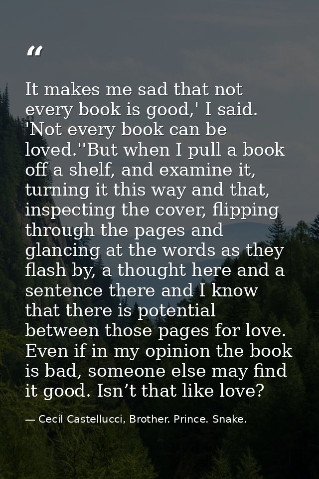 It makes me sad that not every book is good,' I said. 'Not every book can be loved.''But when I pull a book off a shelf, — Cecil Castellucci, Brother. Prince. Snake.