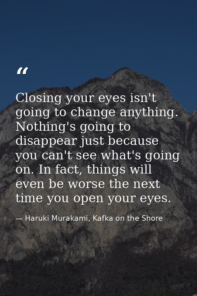 Closing your eyes isn't going to change anything. Nothing's going to disappear just because you can't see what's going o — Haruki Murakami, Kafka on the Shore