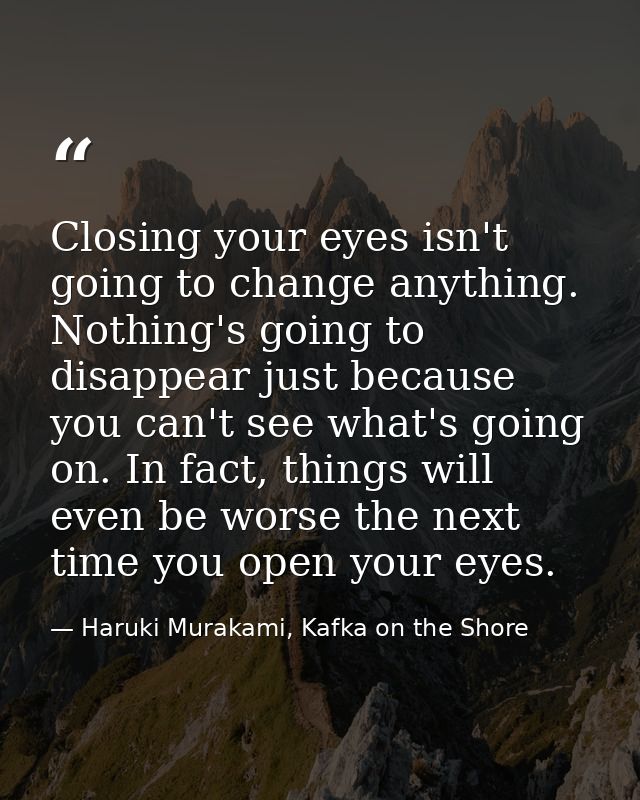 Closing your eyes isn't going to change anything. Nothing's going to disappear just because you can't see what's going o — Haruki Murakami, Kafka on the Shore