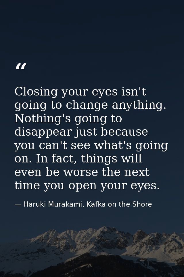 Closing your eyes isn't going to change anything. Nothing's going to disappear just because you can't see what's going o — Haruki Murakami, Kafka on the Shore