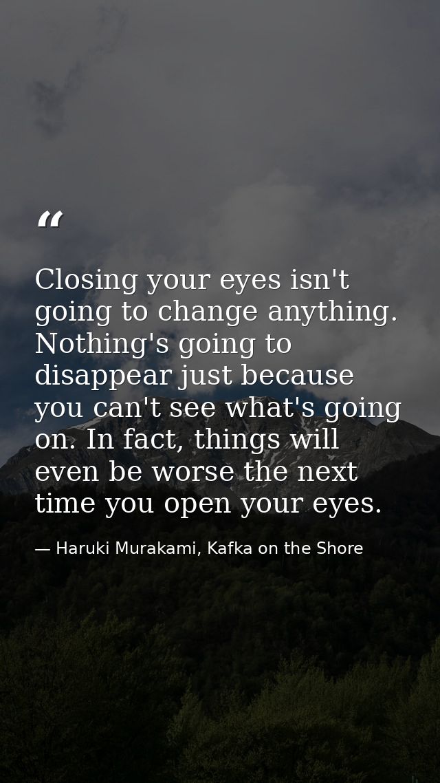 Closing your eyes isn't going to change anything. Nothing's going to disappear just because you can't see what's going o — Haruki Murakami, Kafka on the Shore