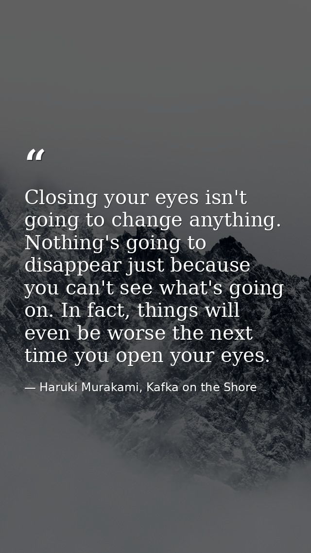 Closing your eyes isn't going to change anything. Nothing's going to disappear just because you can't see what's going o — Haruki Murakami, Kafka on the Shore
