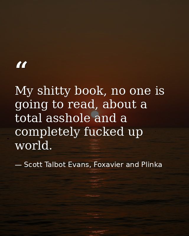 My shitty book, no one is going to read, about a total asshole and a completely fucked up world. — Scott Talbot Evans, Foxavier and Plinka