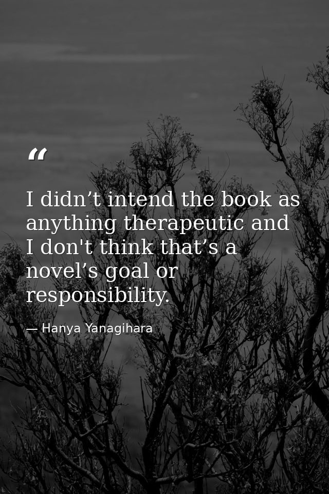 I didn’t intend the book as anything therapeutic and I don't think that’s a novel’s goal or responsibility. — Hanya Yanagihara