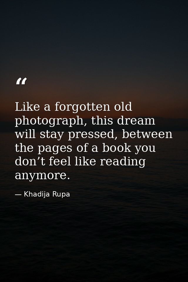Like a forgotten old photograph, this dream will stay pressed, between the pages of a book you don’t feel like reading a — Khadija Rupa