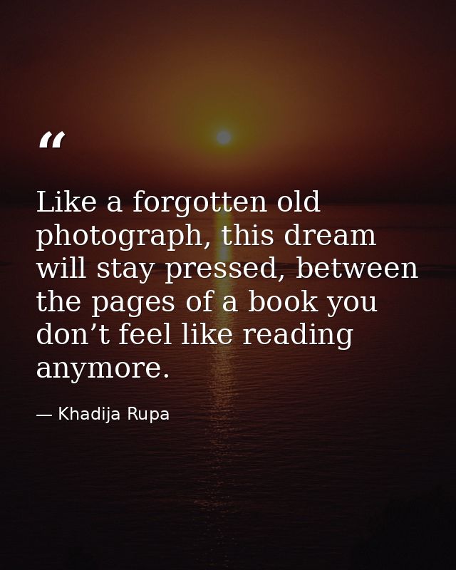 Like a forgotten old photograph, this dream will stay pressed, between the pages of a book you don’t feel like reading a — Khadija Rupa