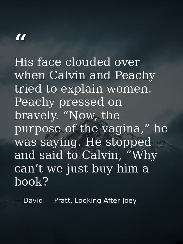 His face clouded over when Calvin and Peachy tried to explain women. Peachy pressed on bravely. “Now, the purpose of the — David     Pratt, Looking After Joey