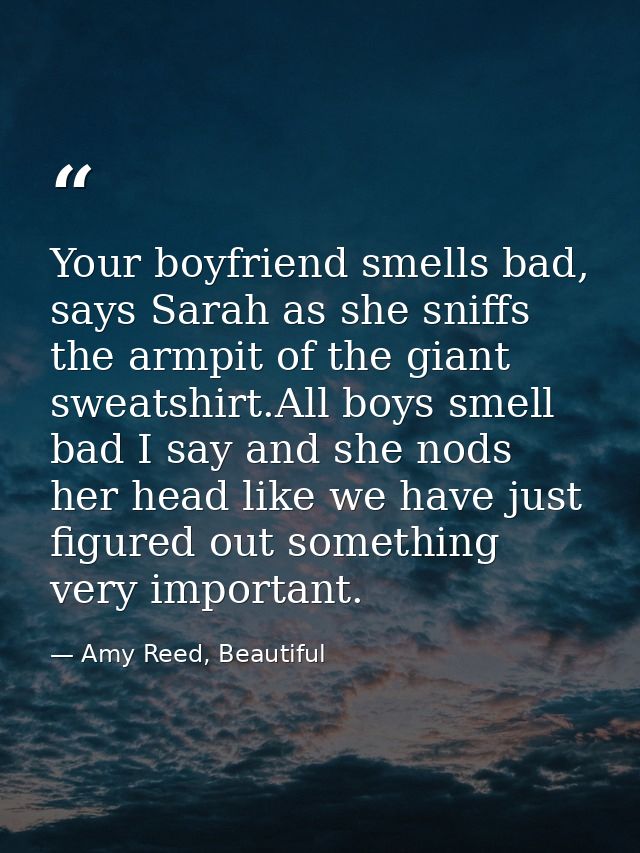 Your boyfriend smells bad, says Sarah as she sniffs the armpit of the giant sweatshirt.All boys smell bad I say and she  — Amy Reed, Beautiful
