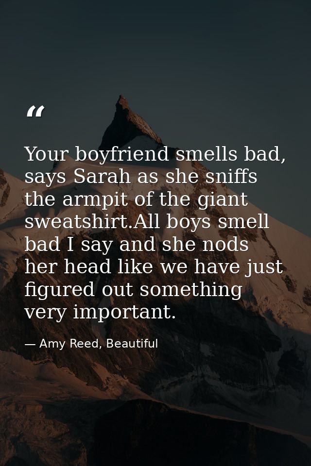Your boyfriend smells bad, says Sarah as she sniffs the armpit of the giant sweatshirt.All boys smell bad I say and she  — Amy Reed, Beautiful