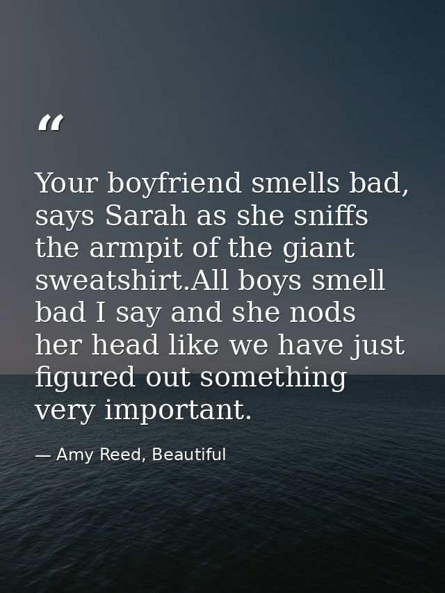 Your boyfriend smells bad, says Sarah as she sniffs the armpit of the giant sweatshirt.All boys smell bad I say and she  — Amy Reed, Beautiful