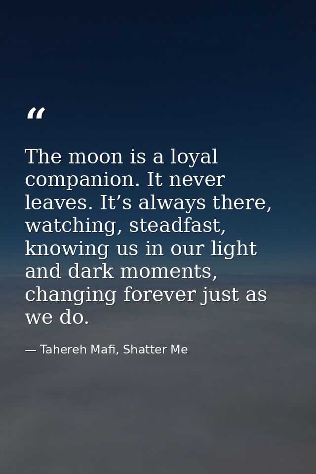 The moon is a loyal companion. It never leaves. It’s always there, watching, steadfast, knowing us in our light and dark — Tahereh Mafi, Shatter Me