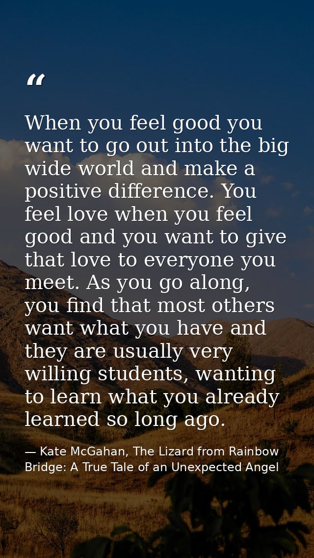 When you feel good you want to go out into the big wide world and make a positive difference. You feel love when you fee — Kate McGahan, The Lizard from Rainbow Bridge: A True Tale of an Unexpected Angel