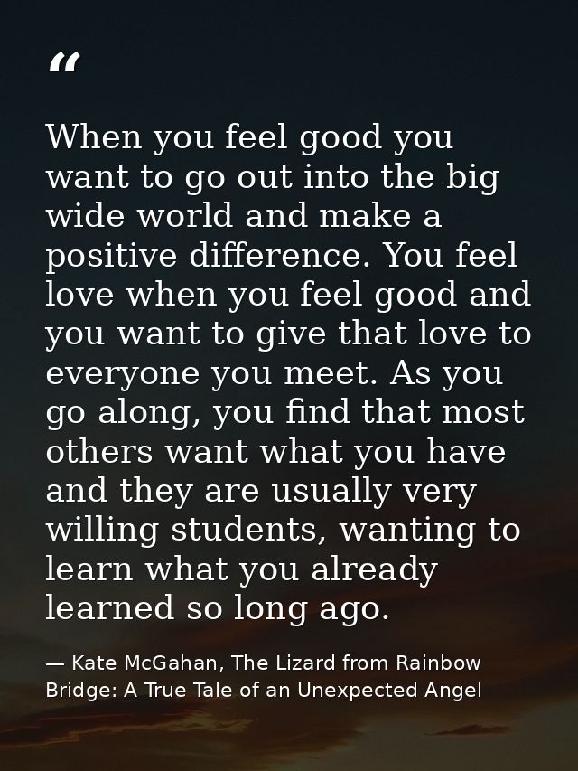 When you feel good you want to go out into the big wide world and make a positive difference. You feel love when you fee — Kate McGahan, The Lizard from Rainbow Bridge: A True Tale of an Unexpected Angel