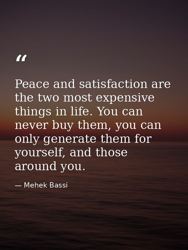 Peace and satisfaction are the two most expensive things in life. You can never buy them, you can only generate them for — Mehek Bassi