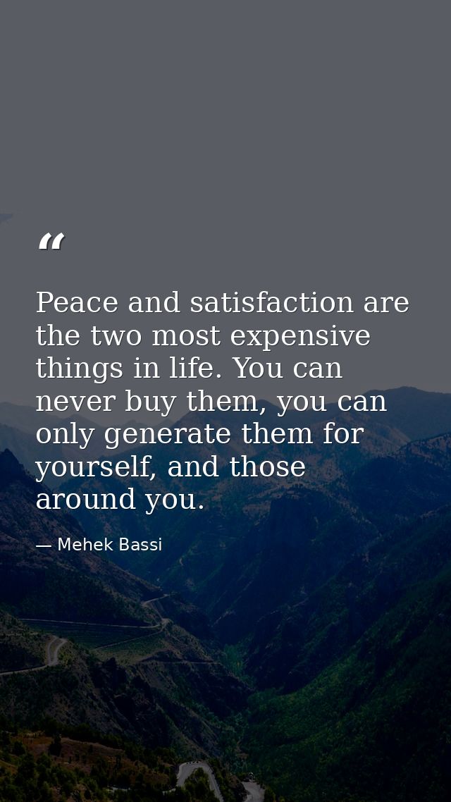 Peace and satisfaction are the two most expensive things in life. You can never buy them, you can only generate them for — Mehek Bassi