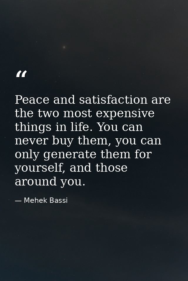 Peace and satisfaction are the two most expensive things in life. You can never buy them, you can only generate them for — Mehek Bassi