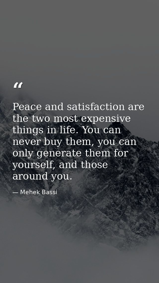 Peace and satisfaction are the two most expensive things in life. You can never buy them, you can only generate them for — Mehek Bassi