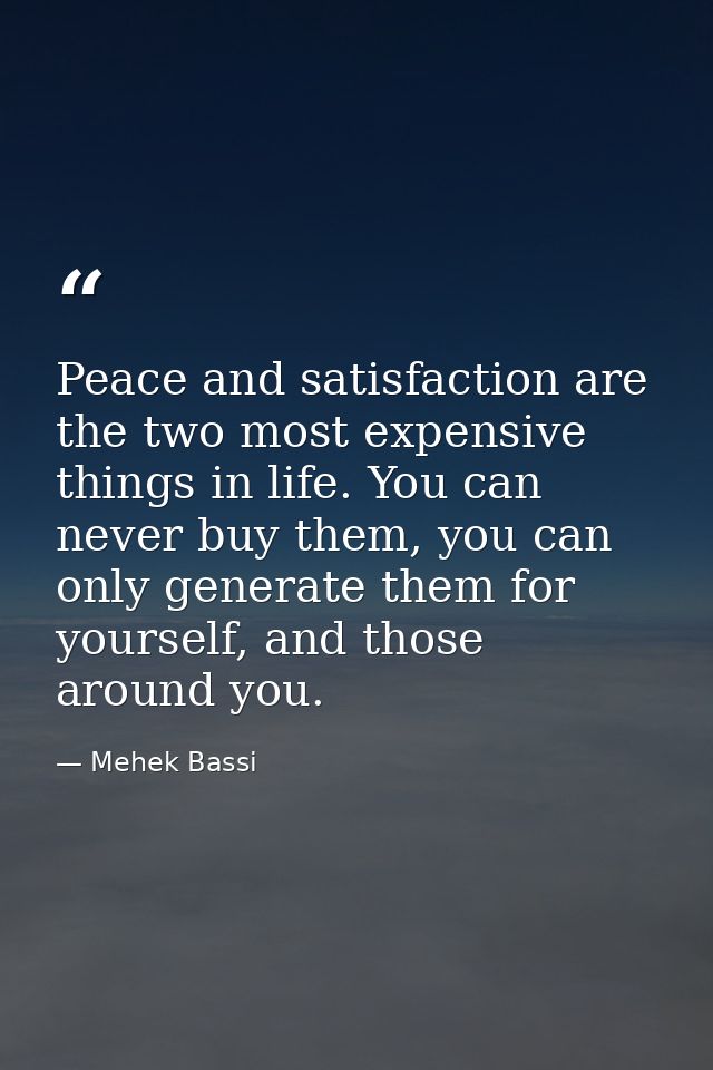 Peace and satisfaction are the two most expensive things in life. You can never buy them, you can only generate them for — Mehek Bassi
