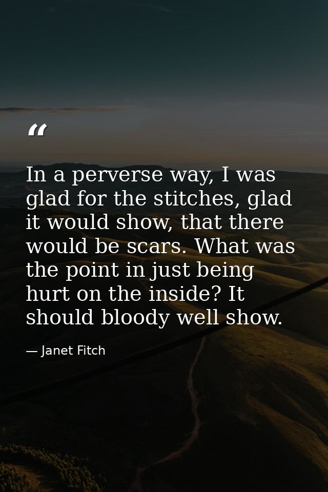 In a perverse way, I was glad for the stitches, glad it would show, that there would be scars. What was the point in jus — Janet Fitch